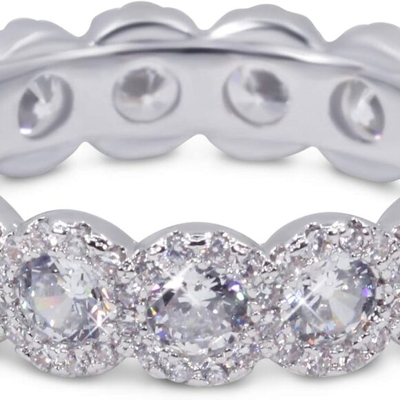 18K White Gold Plated Cubic Zirconia Round Cut Eternity Ring Band for Women - Picture 3 of 7